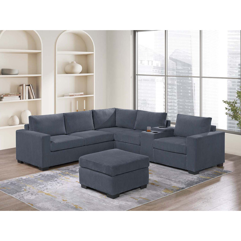 4-Piece Sectional Set W/ Ottoman, Dark Gray Fabric