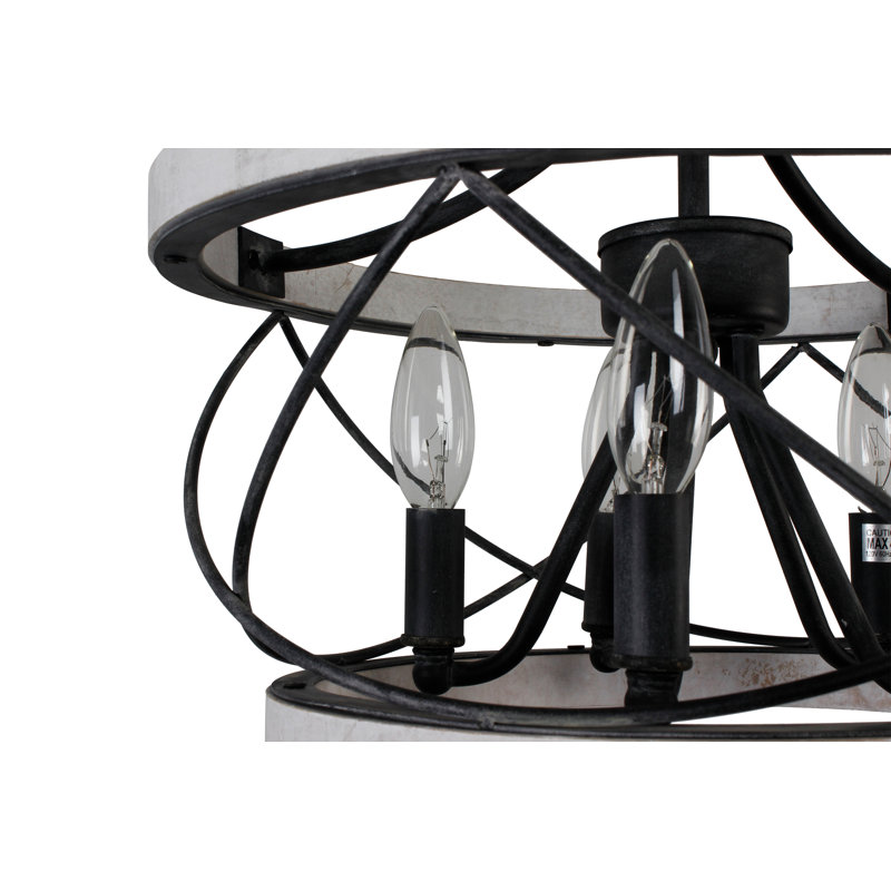 Lustre tambour en bois massif à 5 lumières Reback avec détails en métal, H 15,7 po x l 15,7 po x P 15,7 po, Blanc patiné