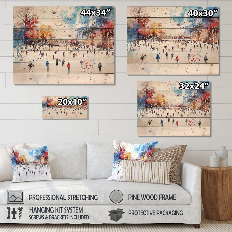 Patinoire I - paysage d'hiver, impression sur bois bleu sur bois de pin naturel, H 10 po x l 20 po