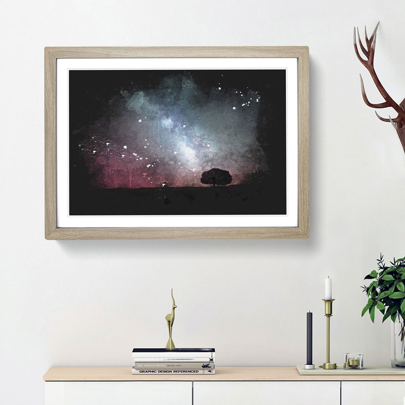 Stars Above A Lone Tree - Picture Frame Graphic Art, 33cm H x 45cm W x 2cm D, Oak Framed