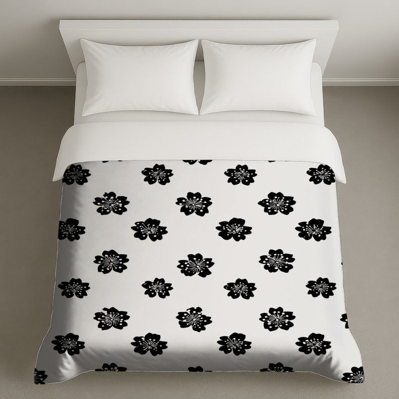 Housse de couette à motif floral, Housse de couette pour lit simple, Motif floral blanc / noir
