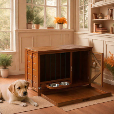 Foldable Wood Dog Crate Furniture With 360 Rotating Feeder And Removable Tray