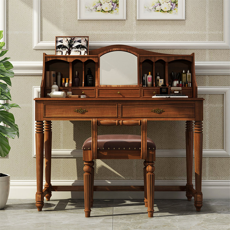 Coiffeuse, table de maquillage et bureau de 47,24 po en bois massif brun de style américain