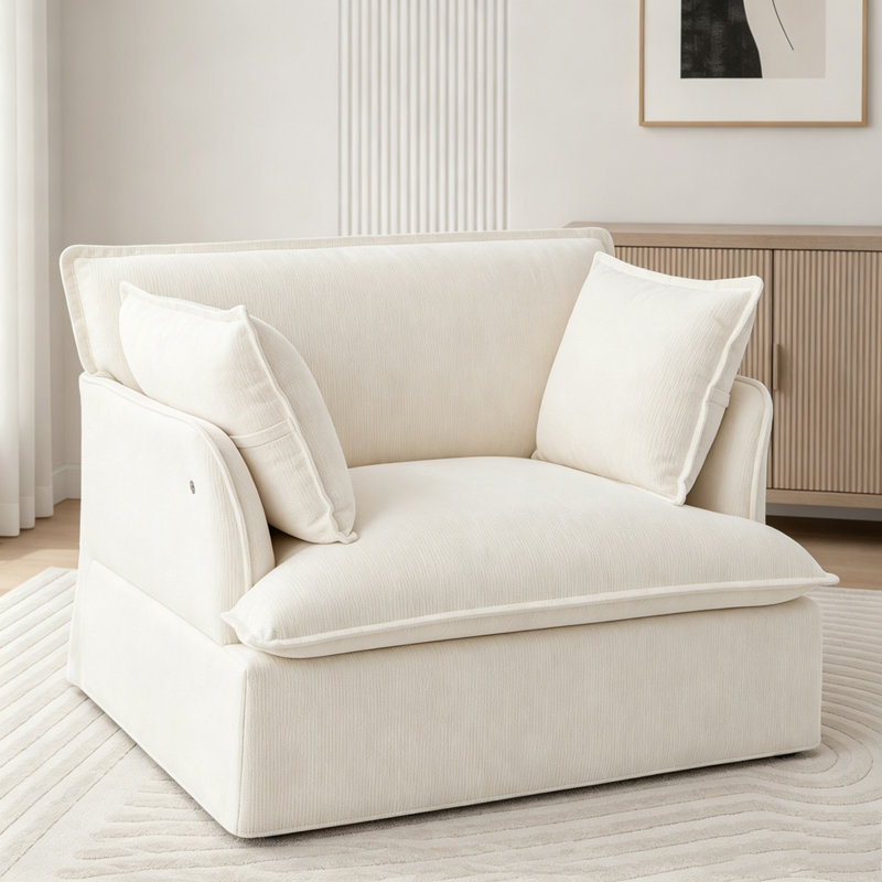 Fauteuil d'appoint surdimensionné avec charge USB / Type-C, chenille moelleuse et siège profond, Chenille blanche