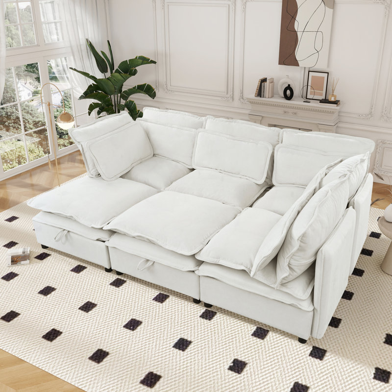 Elysara Modular Sleeper Sofa Convertible Sectional, Beige Polyester, 32" H x 124.4" W x 63" D