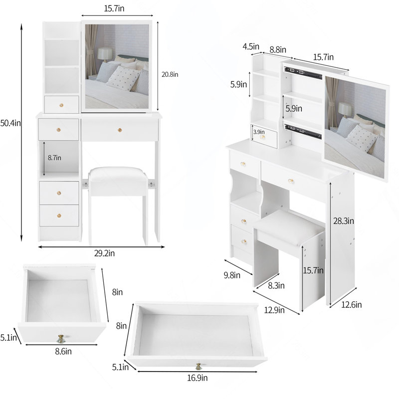 Table de coiffeuse 29,2 po avec tiroir à gauche avec tabouret rembourré, rangement multi-couches grande capacité, commode pratique