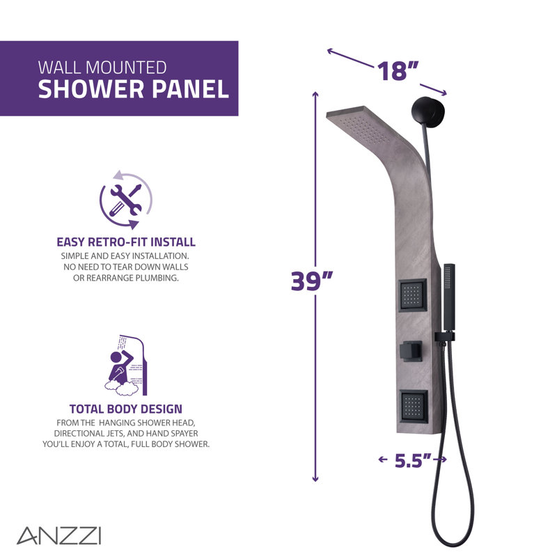 Aura Grey Marble Stainless Steel Shower Panel with Jets