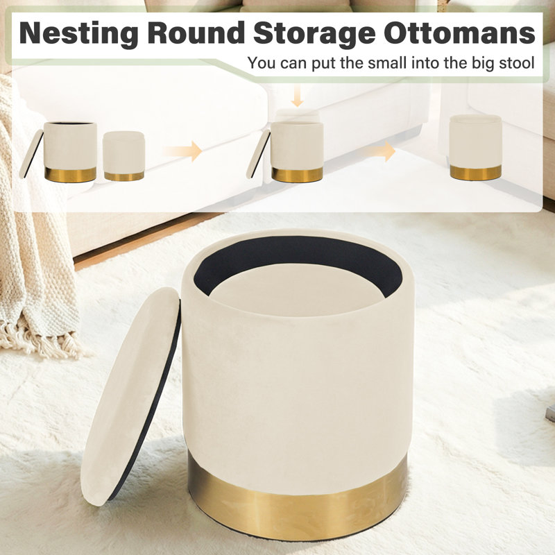 Round Ottoman With Storage and Gold Plating Base, White