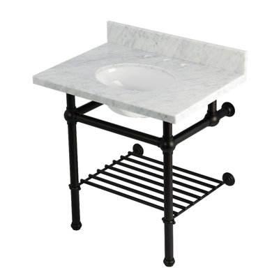 Kingston Brass Templeton 30-Inch Carrara Marble Console Sink with Brass Legs and Shelf (8-Inch, 3-Hole)
