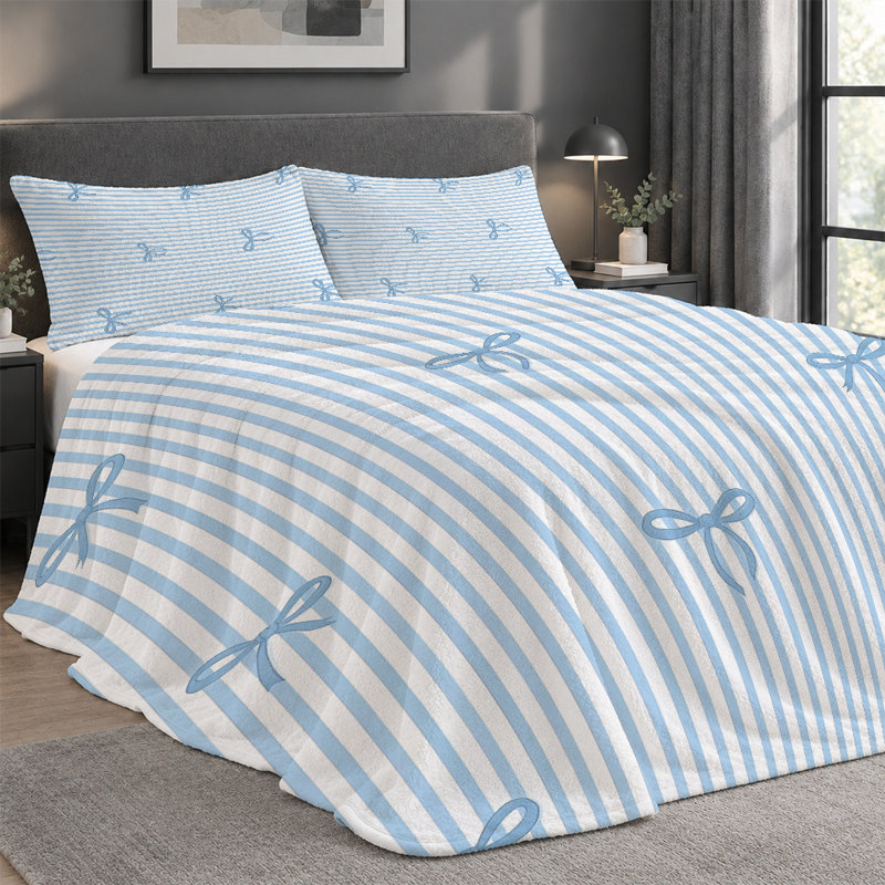 Premium Flannel Lightweight Blanket & 2 Pillow Shams Set with Blue Stripes & Delicate Light Blue Bows, Ultra-Soft & Warm Cozy Bedding Set for All-Season, 60" x 80" Blanket + 2 Pillowcases Anti-Pilling & Machine Washable(Set of 3)