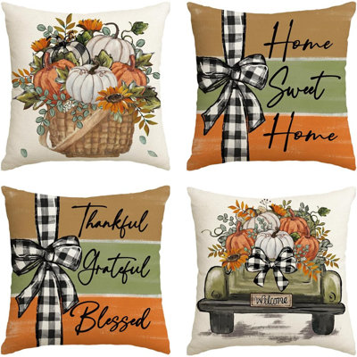 Home Sweet Home Throw Pillow Covers, Autumn Thankful Grateful Blessed Harvest Floral Decorations For Sofa Couch Set Of 4