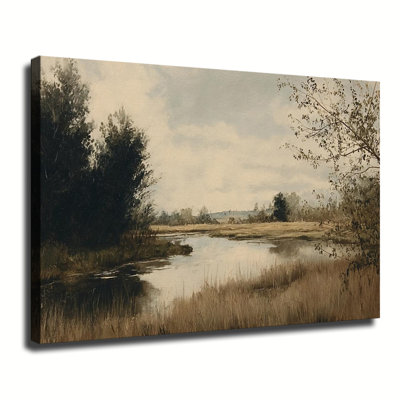 Tranquil Retro Meadow Natural Scene, Large Gallery Wrapped Canvas Wall Art Print for Living Room & Bedroom