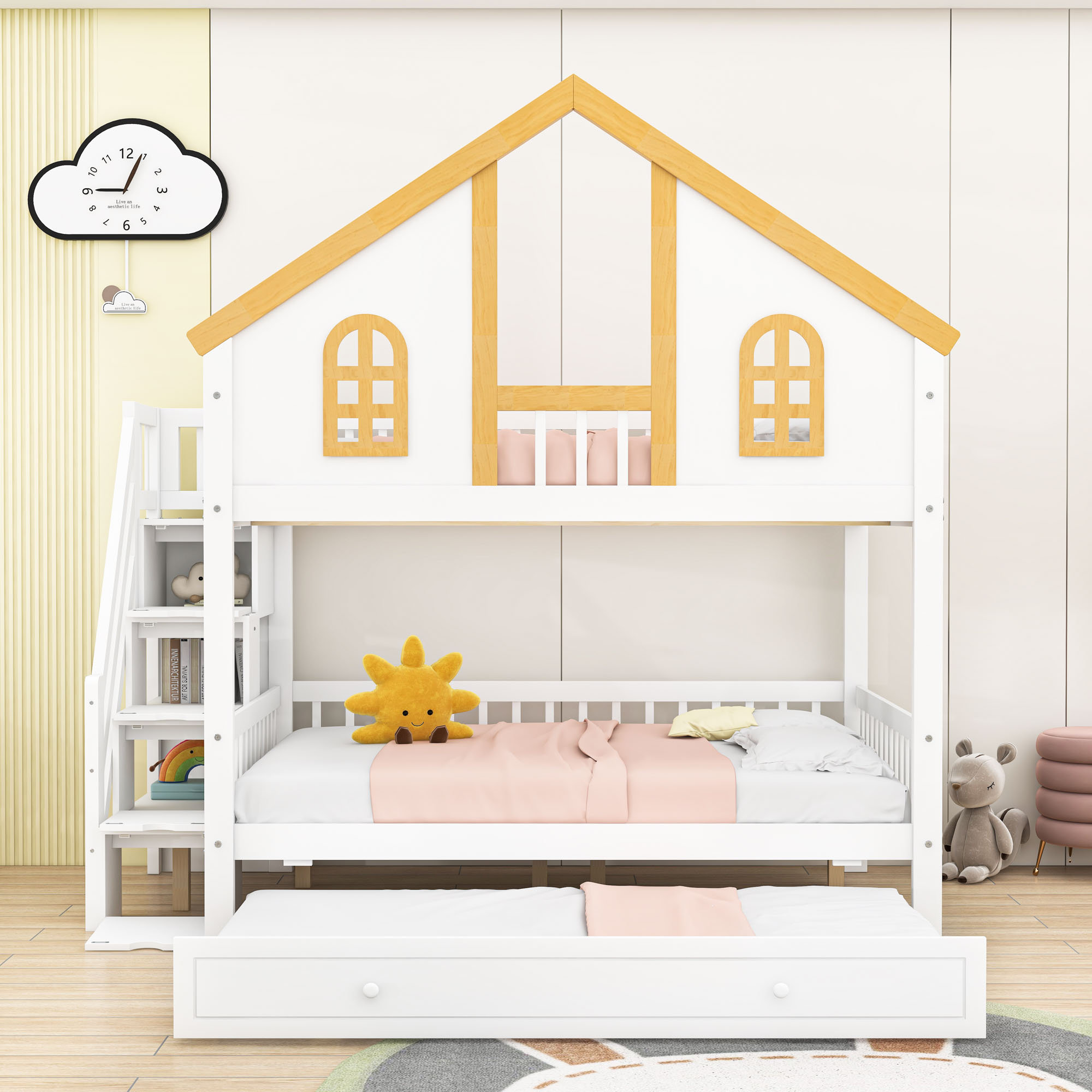Harriet Bee Wood Bunk Bed with Roof and Staircase and Trundle - Wayfair ...