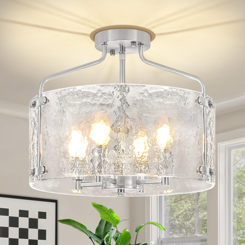 4 - Light Modern Glass Drum Semi Flush Mount Ceiling Light Fixture For Kitchen Bedroom Entryway Hallway, Nickel