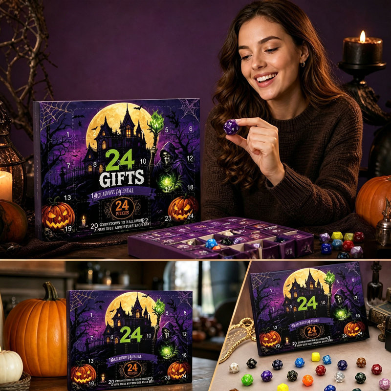 Décorations d'Halloween, dés d'Halloween, calendrier de l'Avent, boîte surprise, compte à rebours de 24 jours, jeu de dés créatif pour les fêtes, cadeau de dés