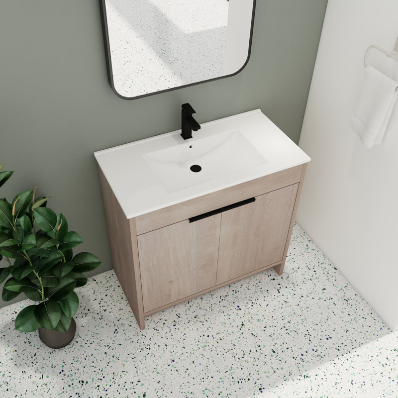 Ensemble de meuble-lavabo simple 36,37 po avec plateau en céramique Adrionna, Lightoak