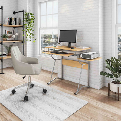 Compact Computer Desk With Side Shelf And Keyboard Panel, Cherry