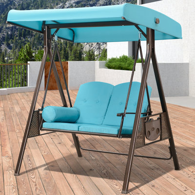 Deluxe Outdoor Patio Porch Swing with Stand and Cup Holders and Cushions and Canopy and Pillow Included