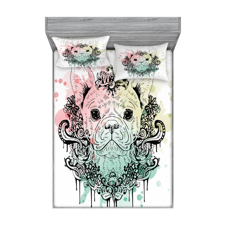 Ensemble de draps Bouledogue français avec couronne, Ensemble de drap pour grand lit avec drap-housse