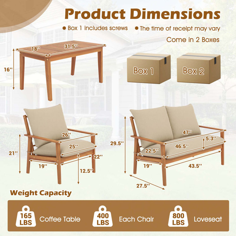 Set of 4 Patio Acacia Wood Furniture Set w/ Soft Cushions & Coffee Table