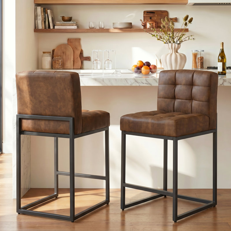 Modern Counter Height Bar Stools, 25 inch Checkered Wiring Thick Upholstered Barstools with Back Sturdy Metal Legs, Coffee Faux Leather Counter Stools for Kitchen Island(Set of 4)