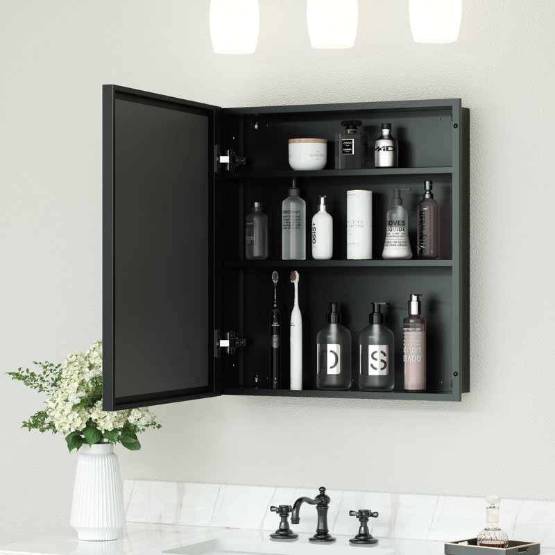 Pharmacie encastrée et à surface avec miroir et tablettes, Noir, H 26 po x l 24 po x P 5 po