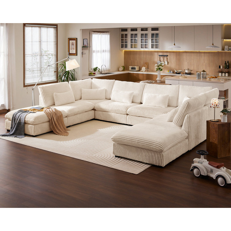 8 Seater Oversized Modular Sofa Extra Deep Cloud Corduroy Sectional Couch With Ottoman Chaise, Cream Corduroy