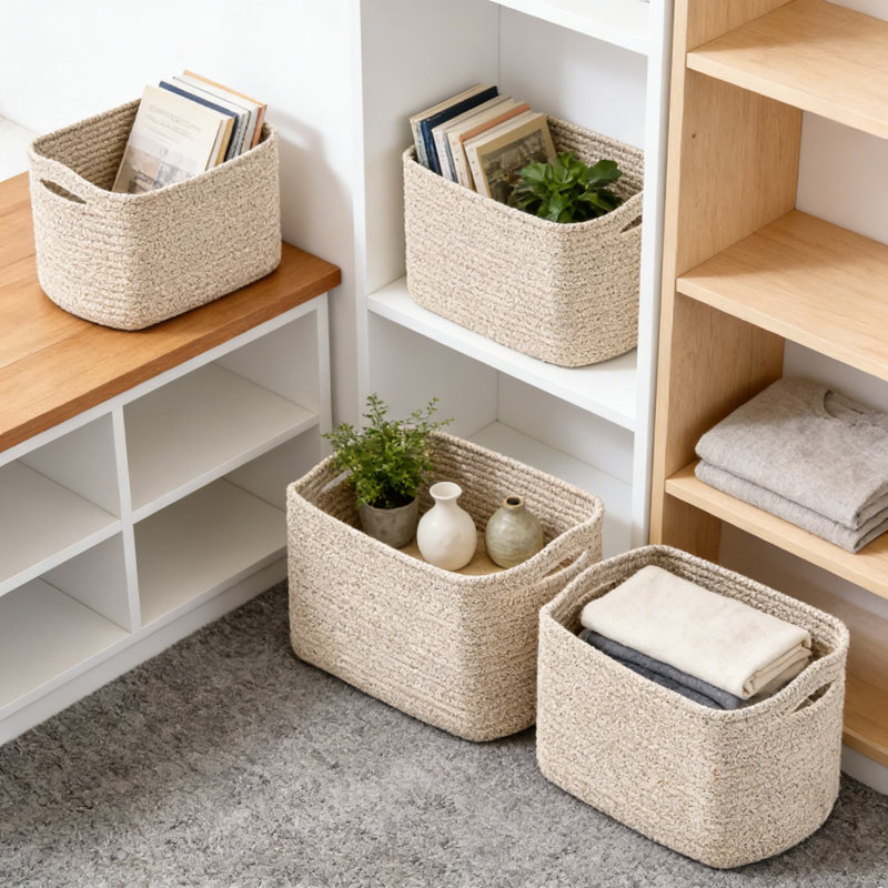 Woven Cotton Rope Storage Baskets For Shelves, 4-Pack Rectangle Organizer Bins For Home And Office Organization, Decorative Shelf Basket