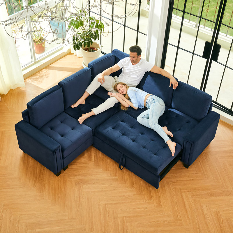 Shavera Velvet Convertible L Shaped Sectional Sofa Bed Sleeper Couch, Blue Velvet