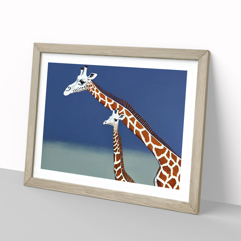 Mother And Baby Giraffe - Framed Print, 46cm H x 64cm W x 2cm D, Oak Framed
