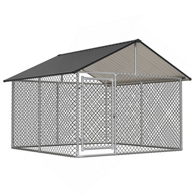 Chenil d'extérieur robuste 7,5 pi x 7,5 pi pour chiens de grande taille, cage en maille métallique résistante à la rouille avec toit en métal robuste, verrou sécuritaire et enclos en métal résistant aux intempéries