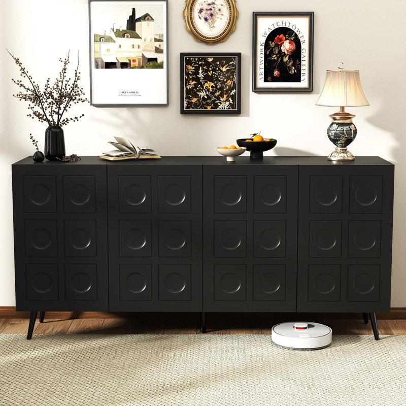 Buffet l 63 po avec 4 portes cannelées et tablettes réglables, Noir
