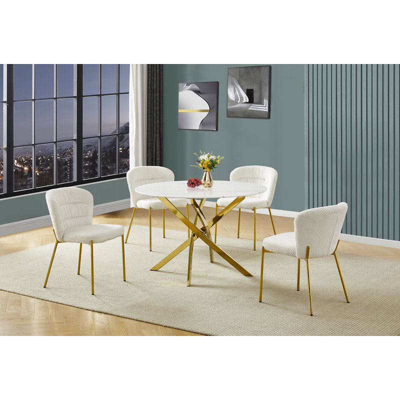 Circular Glass With White Marble Wrap Dining Set With Fluffy Chairs, Cream