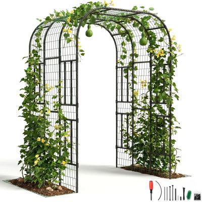 Très grand treillis d'arche de jardin en métal de 7,3 pi, noir, acier recouvert de polyéthylène pour plantes grimpantes et légumes