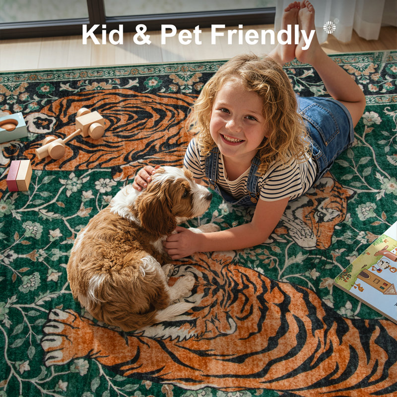 Goldene Oriental Tiger Vintage Washable Area Rug - Soft Cashmere Carpet for Living Room, Bedroom, or Office, Dark Green
