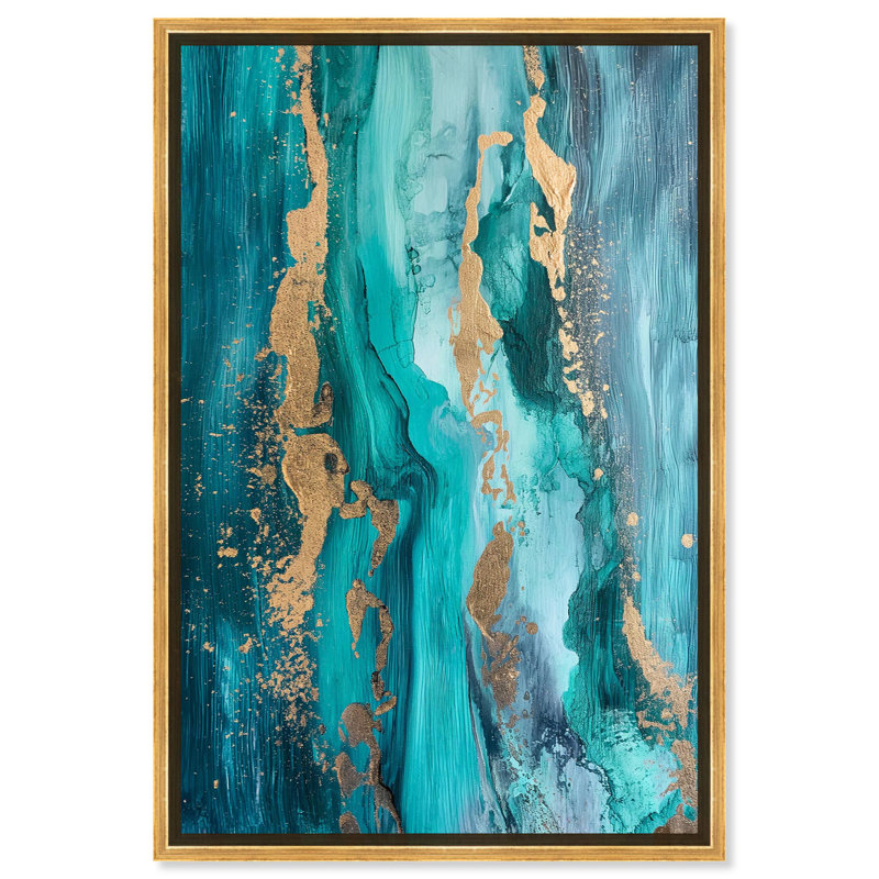 «Whispers in Sea Blue and Gold Canvas Geode» par Art Remedy, Cadre doré, H 31 po x l 21 po