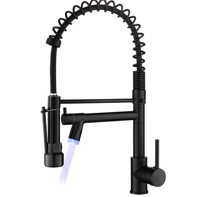 Black Kitchen Sink Faucet With Pull Down - Single Handle, Led, High Arch Spout, Convenient Dual Led Pull-Down Spray Black, Lever, Modern Appeal