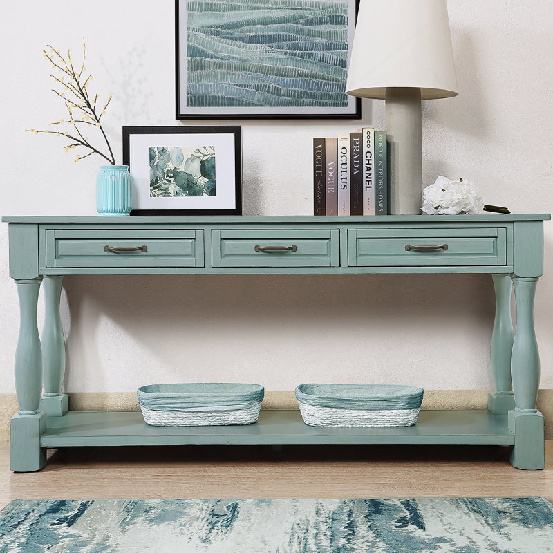 Console de 63 po de long en bois avec 3 tiroirs et 1 tablette inférieure pour le vestibule, Bleu rétro
