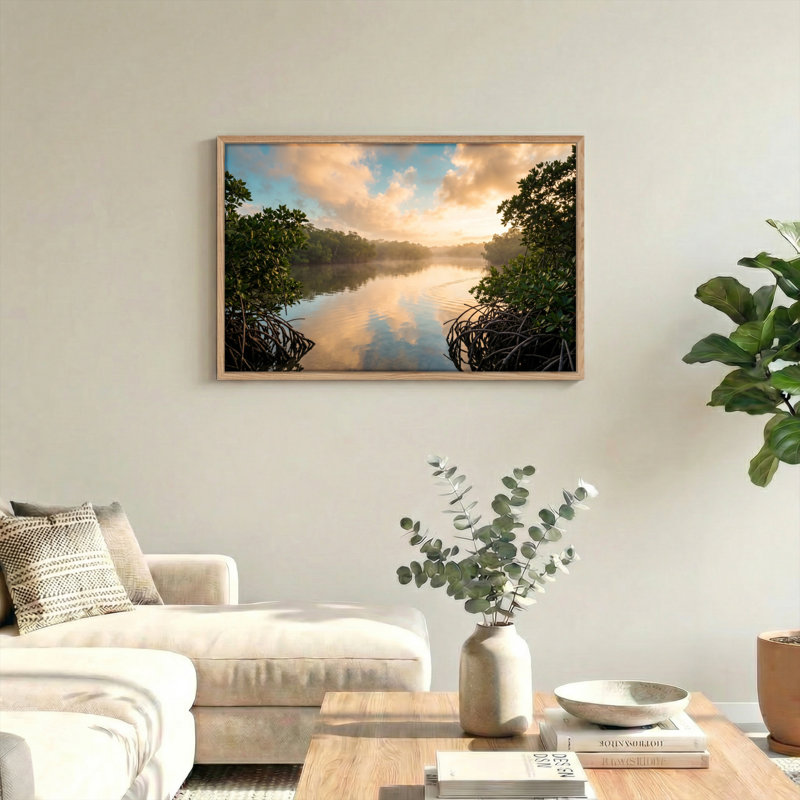Ensemble de 1 tableau sur toile représentant une rivière au coucher du soleil, H 36 po x l 48 po, Naturel