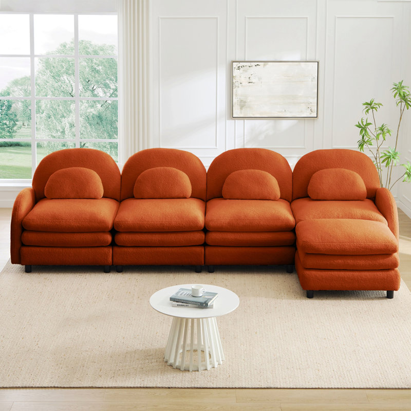 Canapé modulaire à 4 places avec dossier incurvé et repose-pieds mobile pour l'intérieur, Orange