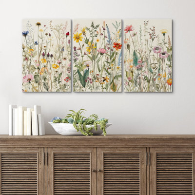 Vibrant Wildflower "Colorful Soft Floral Artwork, French Country Cottage Triptych Wall Pictures, Framed Canvas Giclée Print 3 Pieces Wall Art" 16"x24"x3 pcs, 24"x36"x3 pcs, 20"x60"x3 pcs