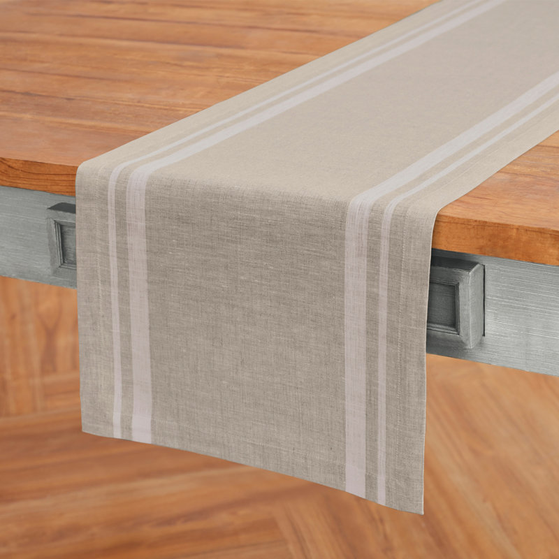 White and Natural French Stripe Linen Table Runner 14 x 36 Inch