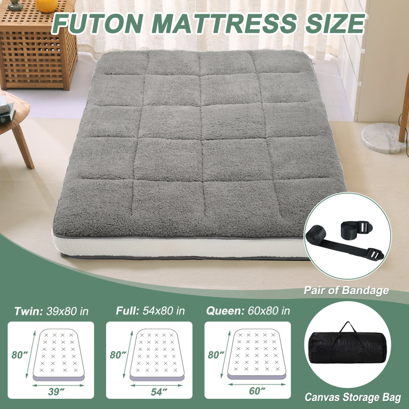 Paoli Japanese Floor Mattress, 4" Thick Sherpa Fleece Futon Mattress, Roll Up Sleeping Pads, Reversible and Portable Folding Foam Floor Bed Tatami Mat