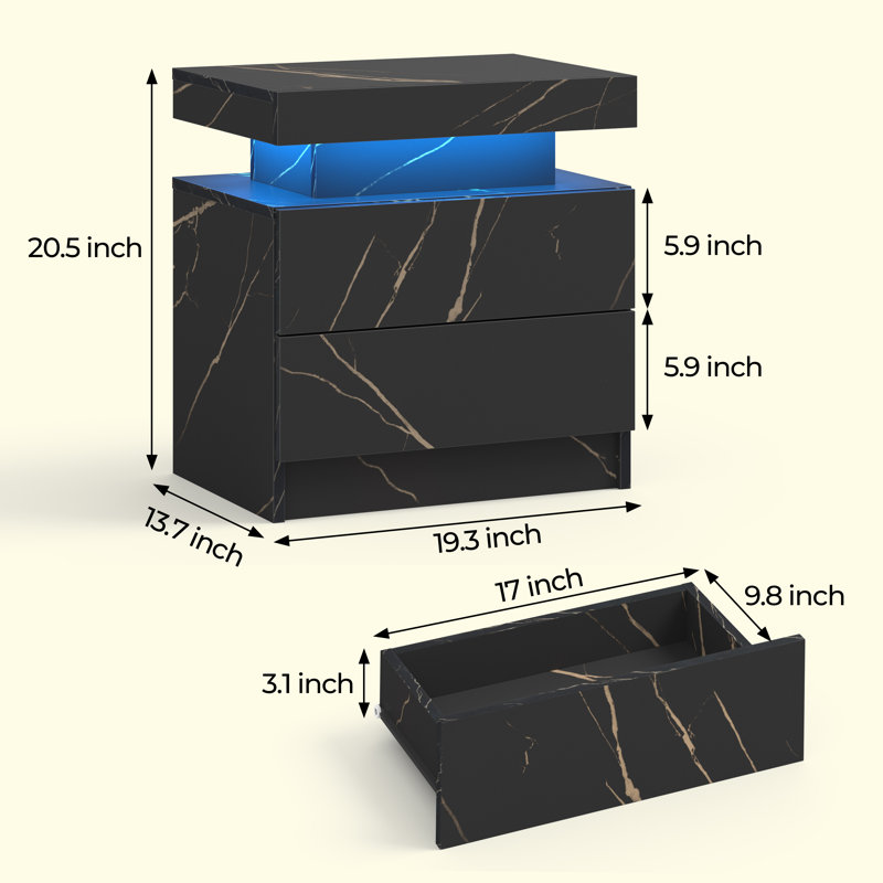 20'' W Particle Board / Chipboard Nightstand, Black Marble, Set of 2