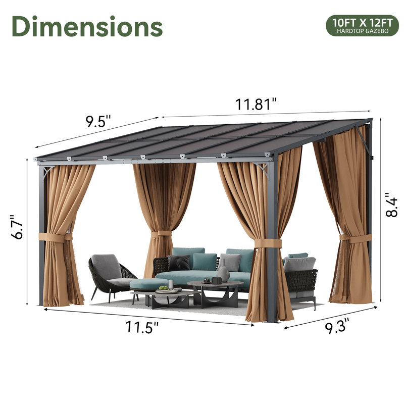Pavillon de jardin mural à toit rigide de 12 pi x 10 pi avec toit en polycarbonate et rideaux d'intimité amovibles