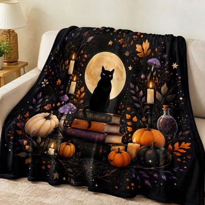 Halloween Black Cat Bookshelf Blanket, Cozy Witchy Vibes Fleece Bed Blanket for Sofa, Couch, Bedroom, Living Room Home Decoration