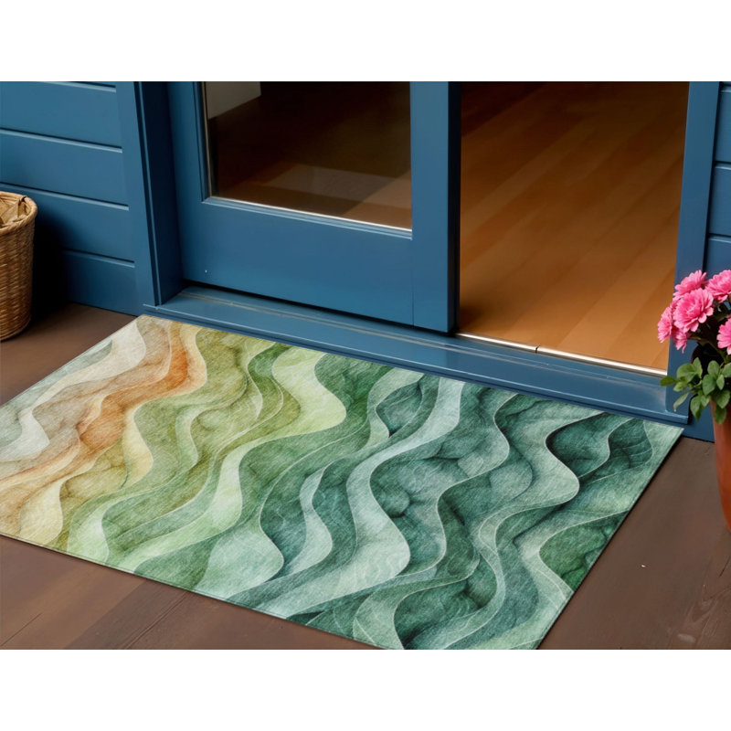 3' X 5' Teal Blue Abstract Washable Indoor Outdoor Area Rug