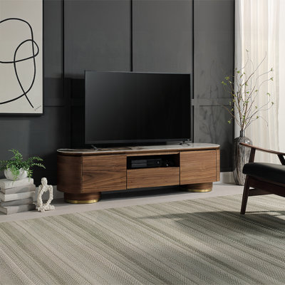 Meuble télé Willene avec plateau en céramique scandinave et rangement en chêne foncé