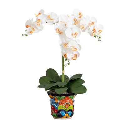27in. Artificial Triple Orchid Arrangement in Handmade Mexican Talavera Ceramic Planter