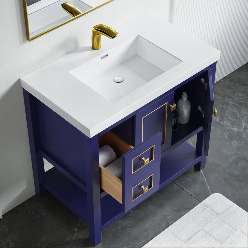 Ensemble de meuble-lavabo simple 37 po Thome, bleu, Laiton brossé